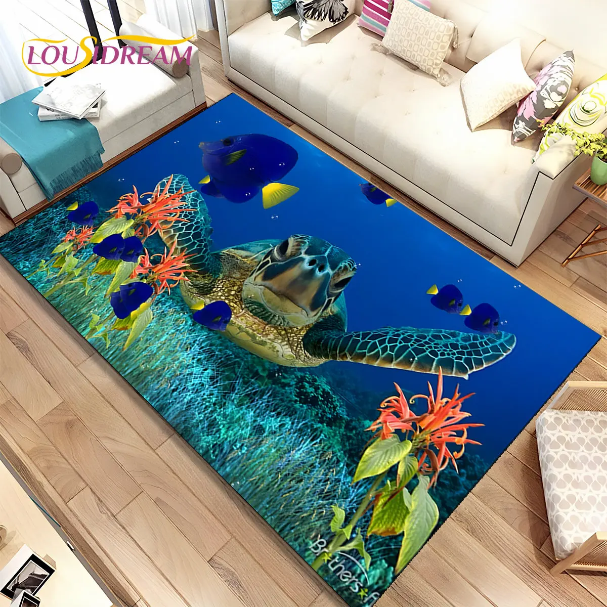 3D Seabed Underwater World Dolphin Turtle Area Rug,Carpet Rug for Living Room Bedroom Sofa Doormat,kids Play Non-slip Floor Mat