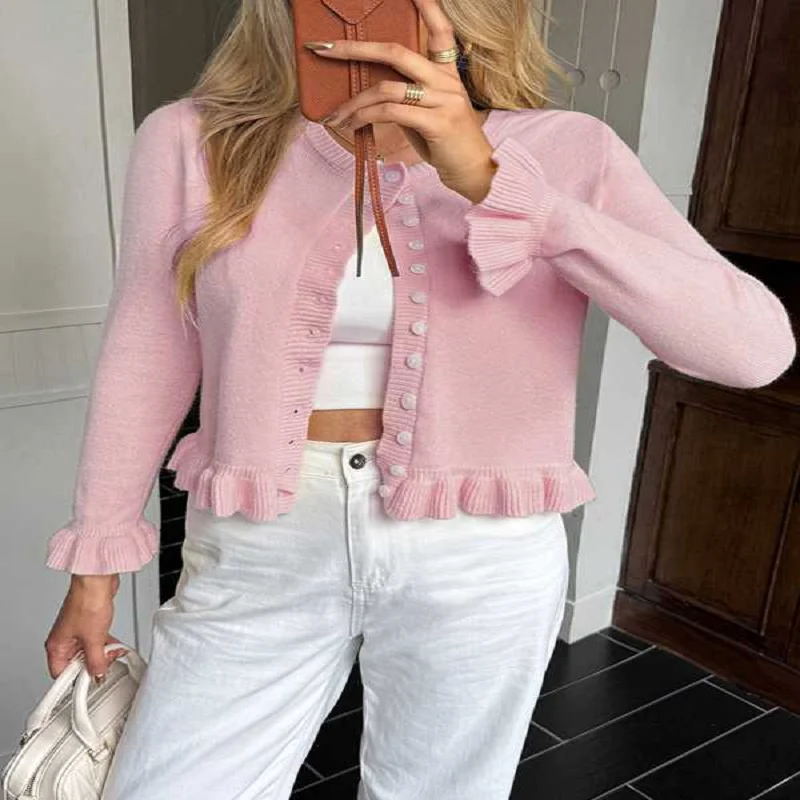 

Autumn Winter Cardigan For Women Solid Sexy Knitwear Ruffled Flared Sleeves Casual Woman Clothes New All-Match Knit Sweater