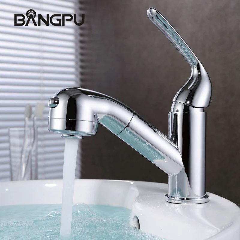 

Deck Mounted Single Handle Basin Sink Faucet Modern Bathroom Hot and Cold Mixer Taps Two Function Pull Out Sink Faucet Chrome