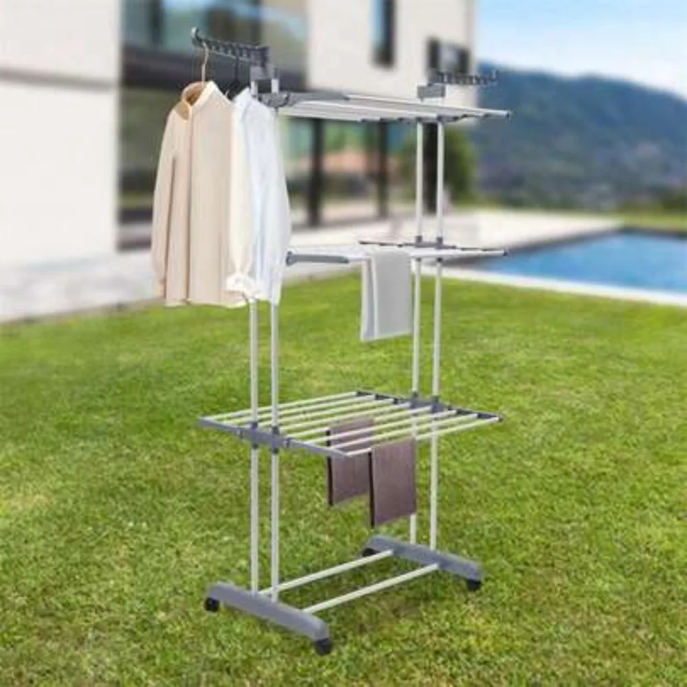 Folding Stainless Steel Clothes Drying Rack, Floor Standing Mobile Triple Tier Laundry Dryer with Wheels, Heavy Duty Rustproof Multi Layer Towel Airing Rack for Shirts Jackets Blankets, Space Saving Indoor Outdoor Balcony