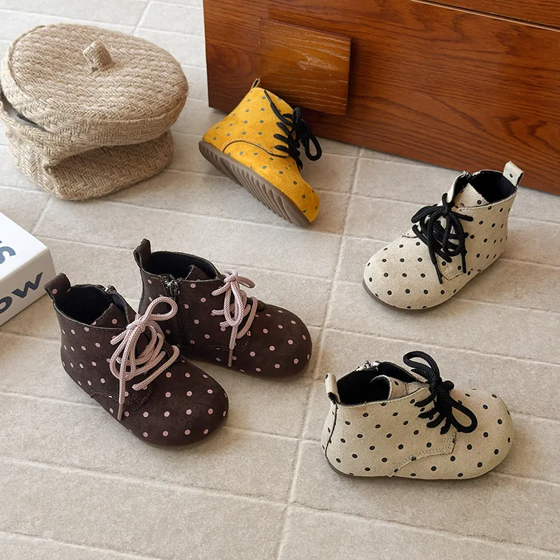 

Уродливые ботинки в горошек, модные осенние ботинки из искусственной замши для девочек, повседневная обувь до щиколотки с круглой головкой и мягкой подошвой, размер 21-30