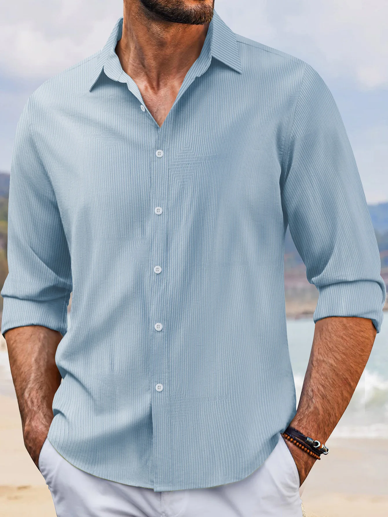 New Men's Casual Shirt, Spring And Autumn Fashion Lapel Striped Diamond Anti-wrinkle High Elastic Material Long sleeve cardigan