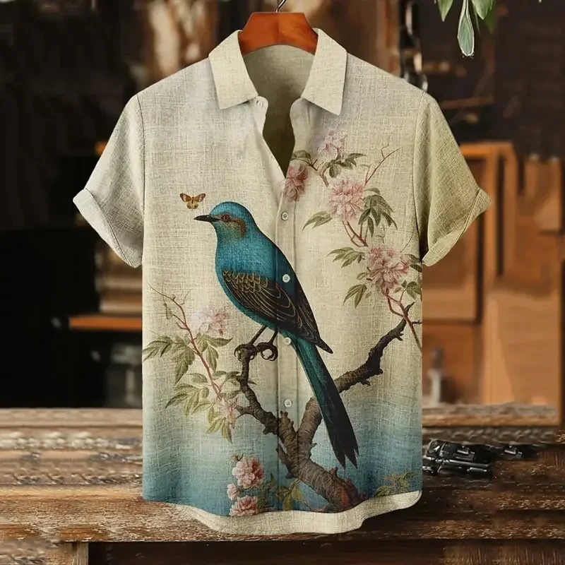 

Рубашка с птичьим принтом, модный тренд, для улицы и активного отдыха, высококачественная и удобная мужская повседневная рубашка из льна с коротким рукавом.