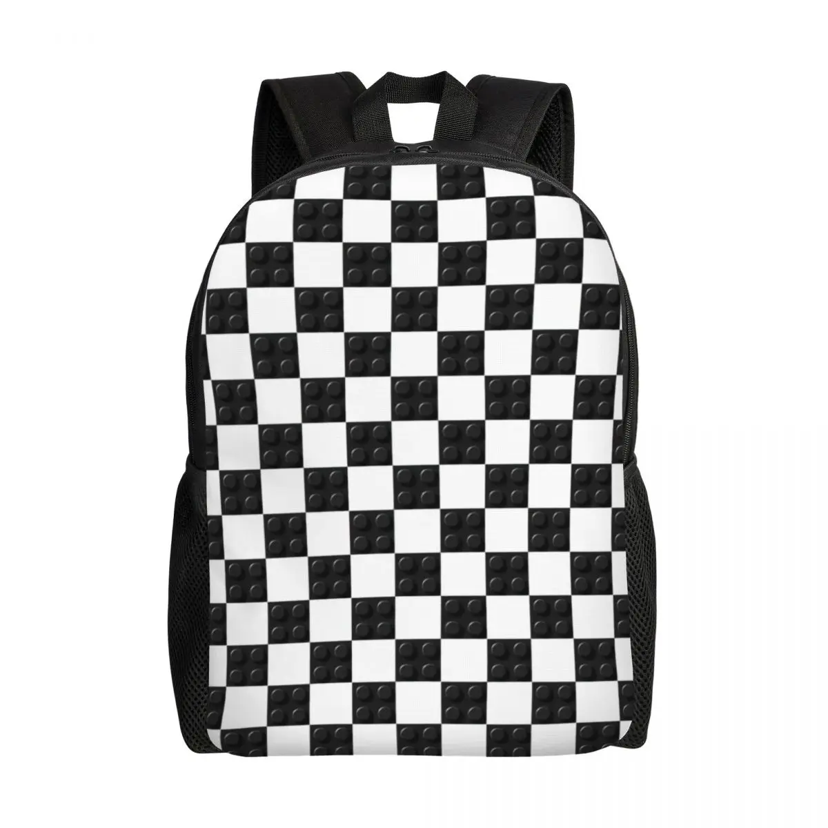 Custom Black And White Plastic Toy Block Abstract Pattern Backpack for Women Men Waterproof School College Bag Print Bookbags