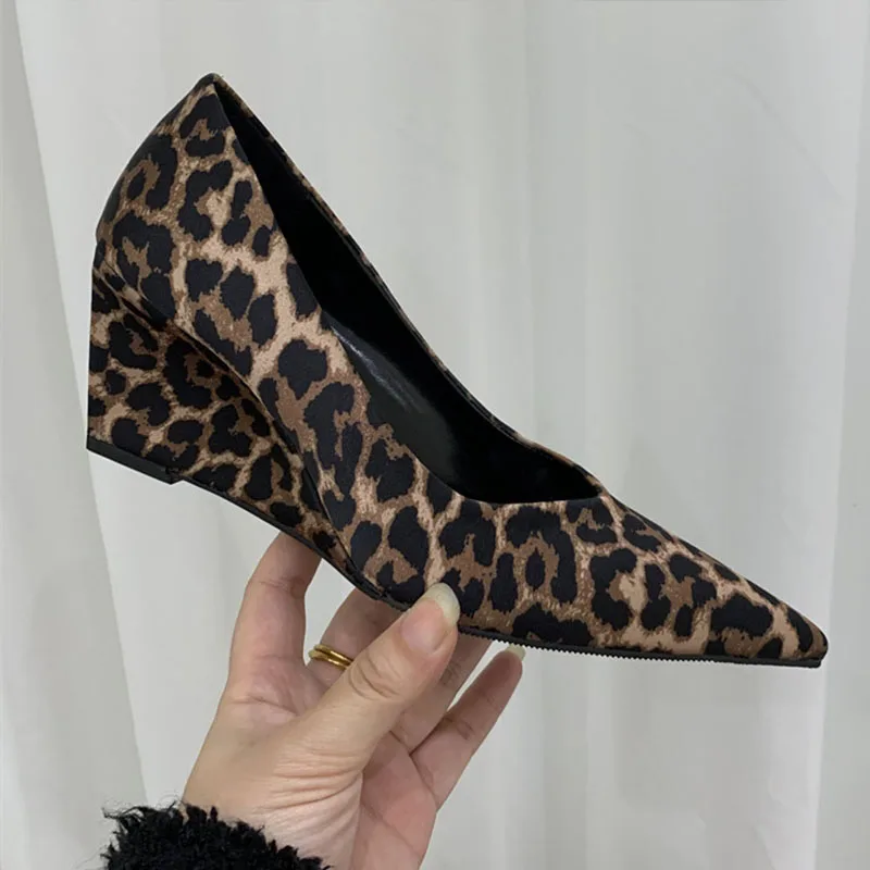 

2026 Leopard Spring New Brand Women Pumps Shoes Fashion Pointed Toe Shallow Slip On Single Shoes High Wedge Heel Dress Pumps