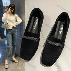 Women Suede Flat Single Shoes Spring New Fashion Women SquareToe Soft Sole Loafers Versatile Slip on Black Wear Resistant Shoes