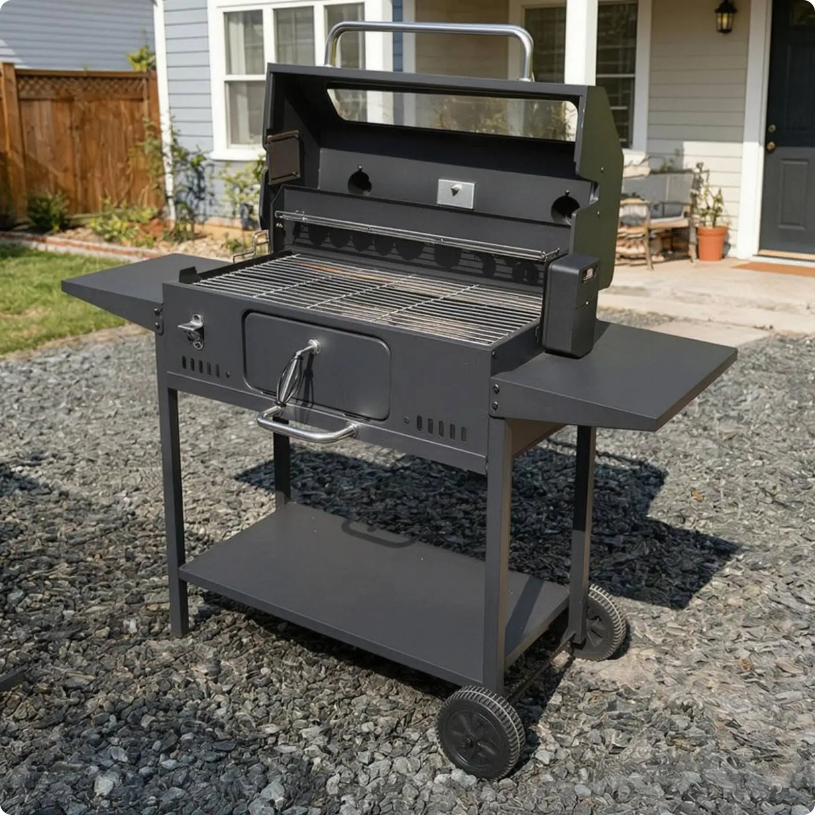Stainless Steel Electric Rotisserie Grill Charcoal Barbecue Outdoor Cooking Station with Side Shelves Wheels and Glass Lid