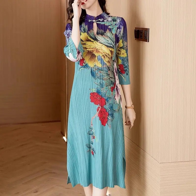 New Peony Print Chinese Style Dress Stand Up Collar Pan Button 3/4 Sleeve Fold Improvement Qipao Dress For Women Vestidos Z4293