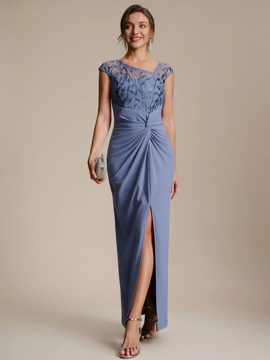 Arabia Classic Dusty Blue Asymmetrical Neckline Evening Gowns Chest Sheer with Beads Sequins High Front Slit Elegant Prom Gowns
