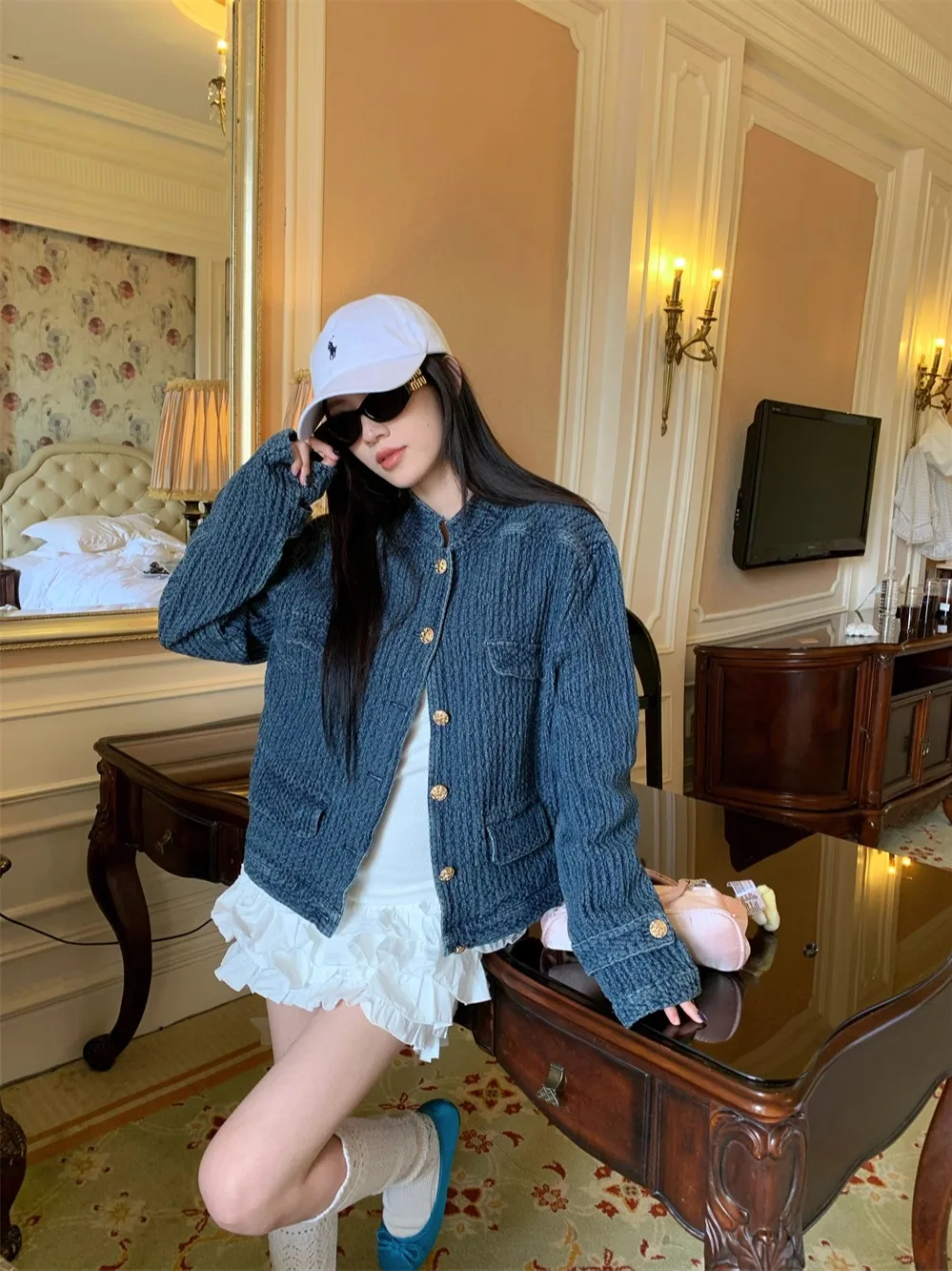 

Denim Coats Unisex Womens Winter Plush Padded Quilted Hooded Flared Waist-Cinching Functional Cozy Turtleneck Layered Snap Daily