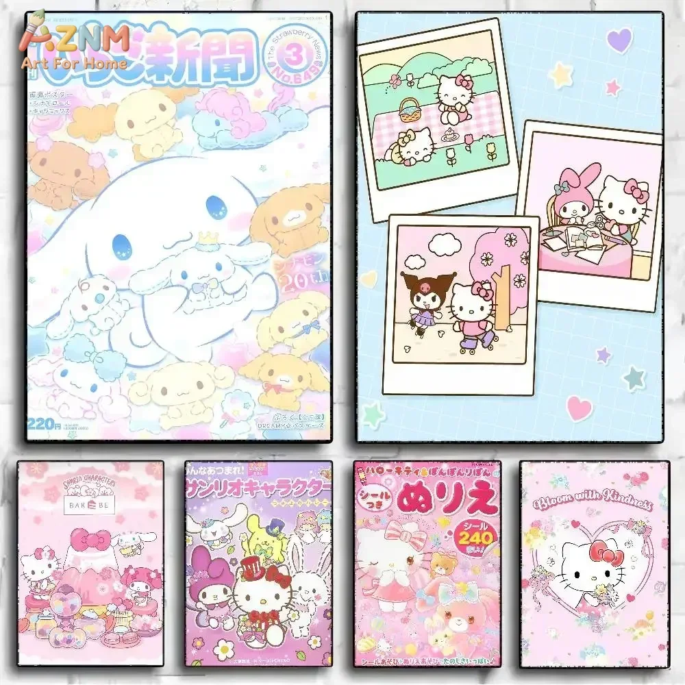 AZNM Sanrio Ichigo Shinbun Cinnamoroll Photo Style Canvas Print Frameless Wall Art Cute Cartoon Poster Home Decor Painting