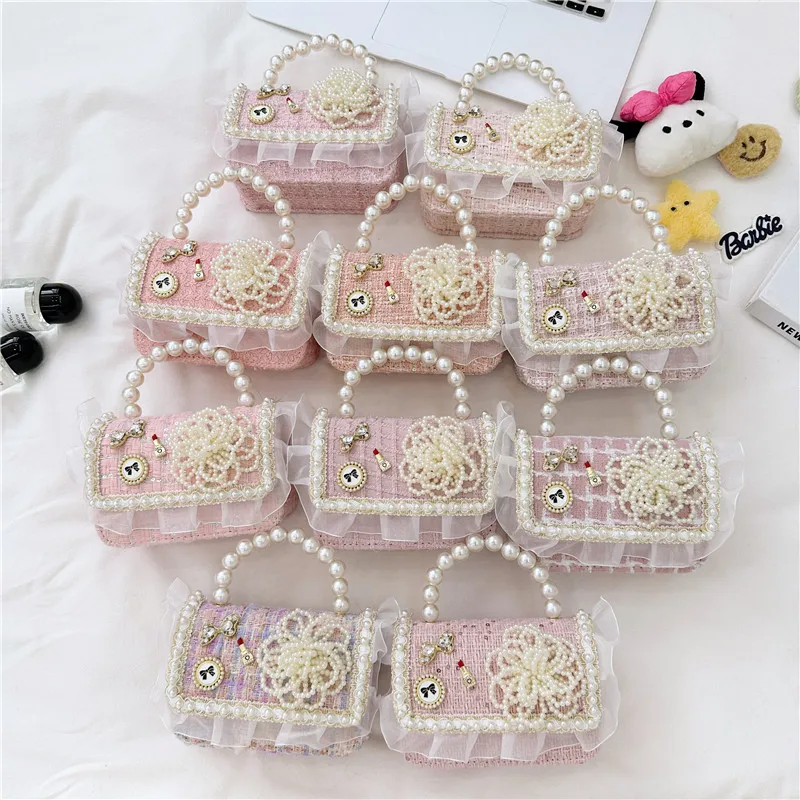 New handbags mini purse Lattice girls bag wool bags for children\'s pink girls purses and Pearl Handheld shoulder bag