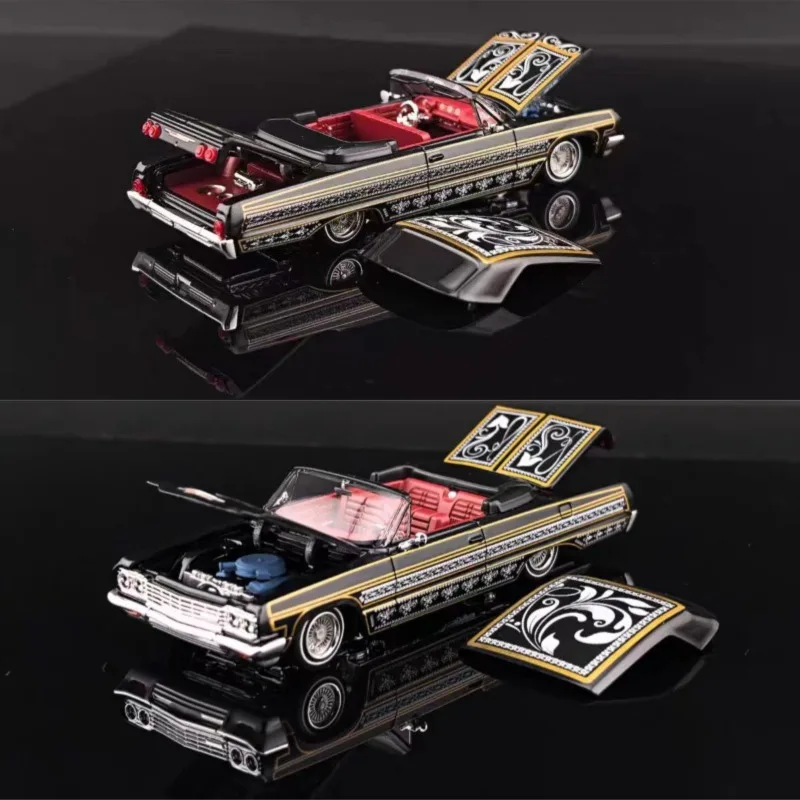FineWorks64 1:64 Impala Lowrider Black Gold Hydraulic Model Car, Openable Roof & Hood, Movable Chassis Diecast Model