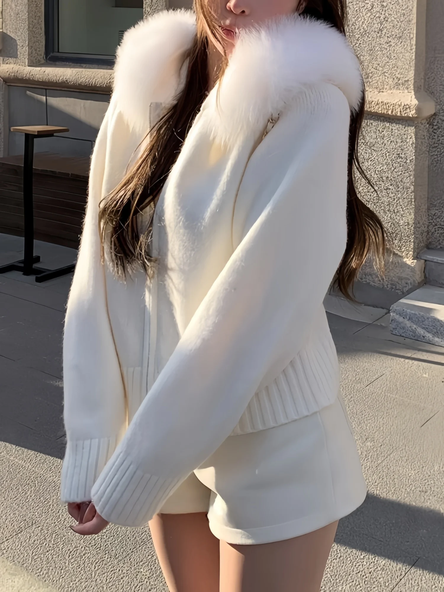 여성용 탈부착 가능한 플러시 칼라 지퍼 니트 가디건, 달콤하고 귀여운 스타일, 여성의 가을, 겨울 일상복, 쇼핑 및 데이트에 적합