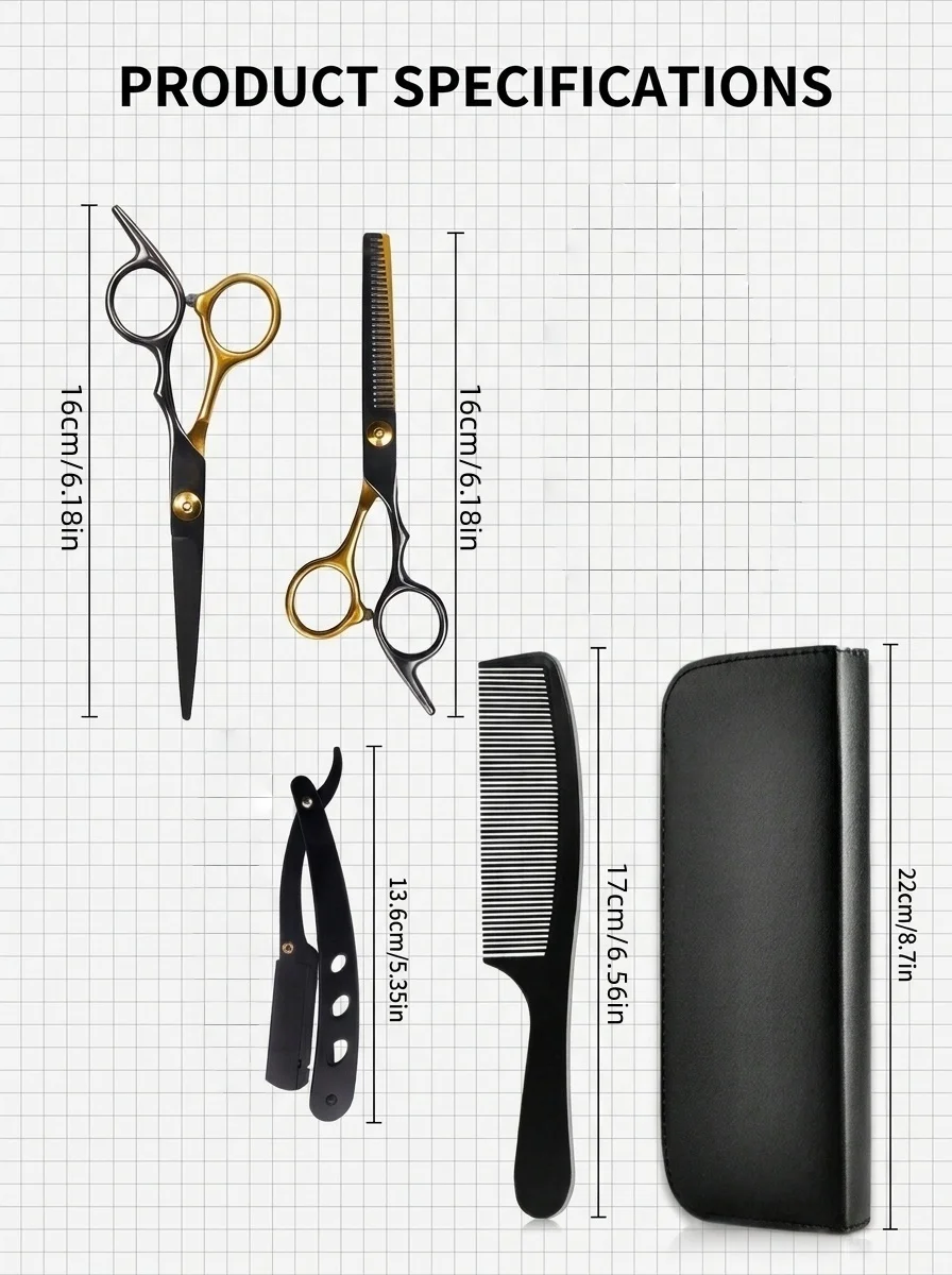 Friseur-Haarschneidescheren-Set, Effilierscheren, Rasiermesser, Kämme, Salon-Haarschneidewerkzeug-Kit mit Aufbewahrungstasche – Detail 4