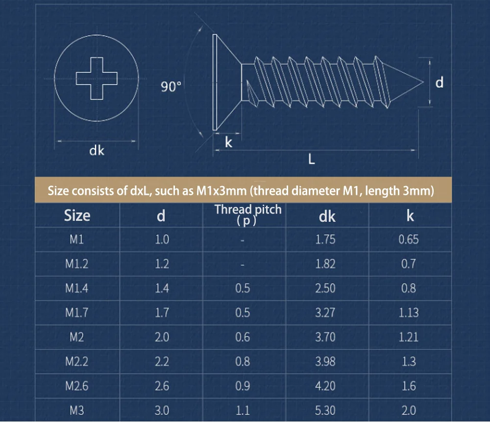 500-1000pcs Phillips Flat Countersunk Head Self-Tapping Wood Screw M1-M3 Stainless Steel Cross Recessed Thread Drywall Screws