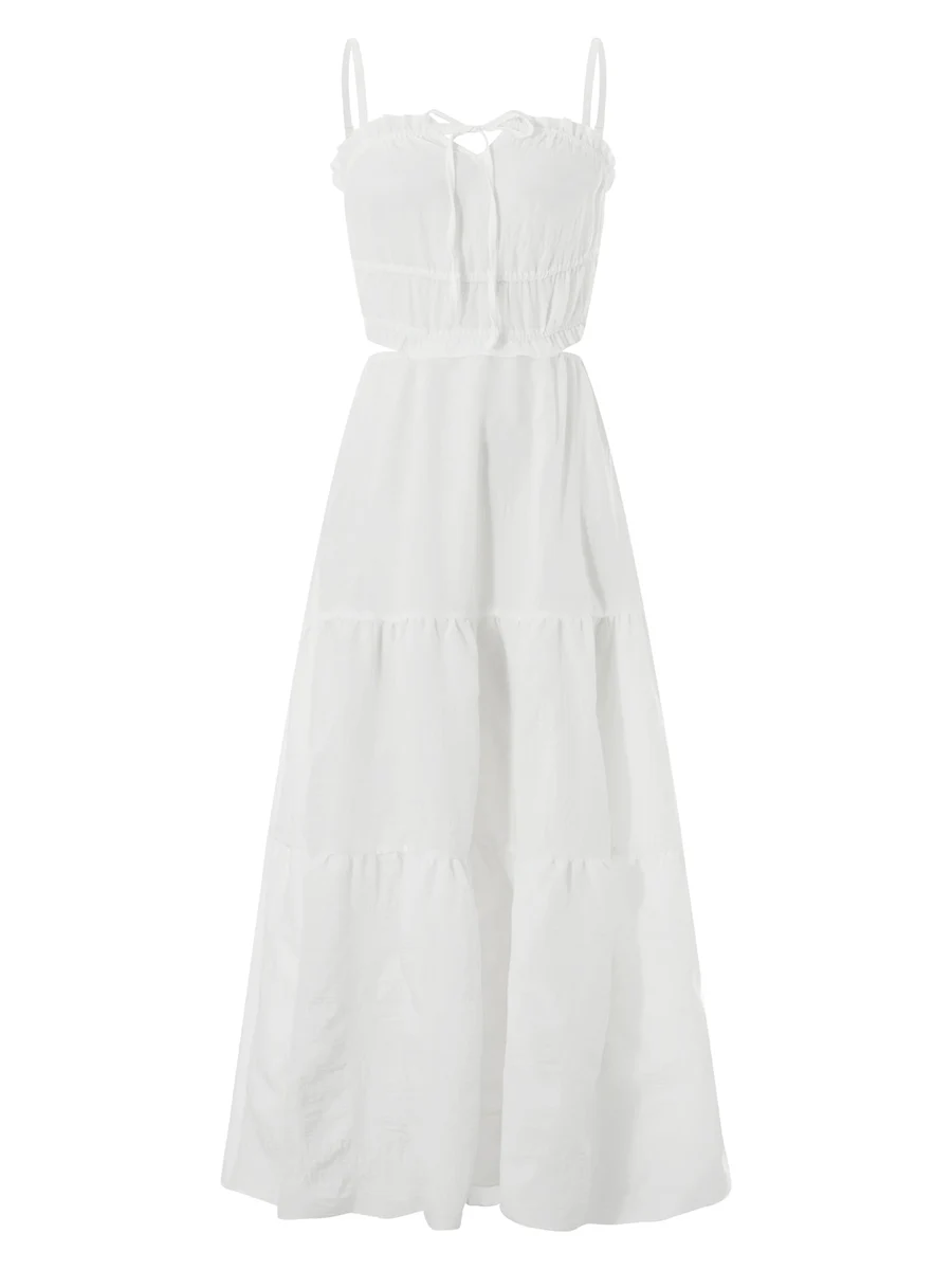 فستان ماكسي أنيق بدون أكمام مع أشرطة سباغيتي ورباط خلفي بلون سادة على الطراز البوهيمي فستان كامي للصيف للنساء