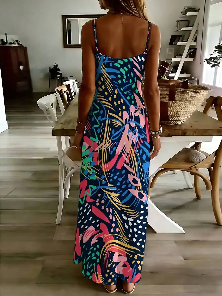 

Colorful Abstract Print Sleeveless Spaghetti Strap Maxi Dress Women Casual Summer Boho Party Outfit