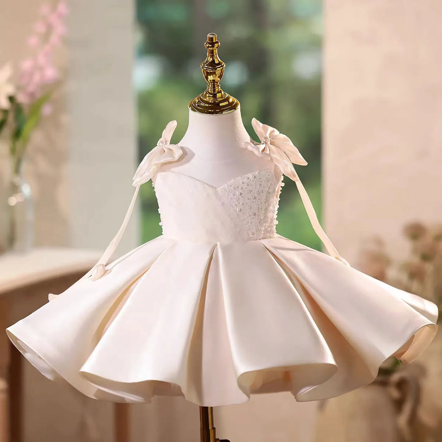 Eleagnt Champagne Flower Girl Dress Beading with Bow Princess Kids Wedding 1st Birthday Pageant Party Prom Evening Gowns