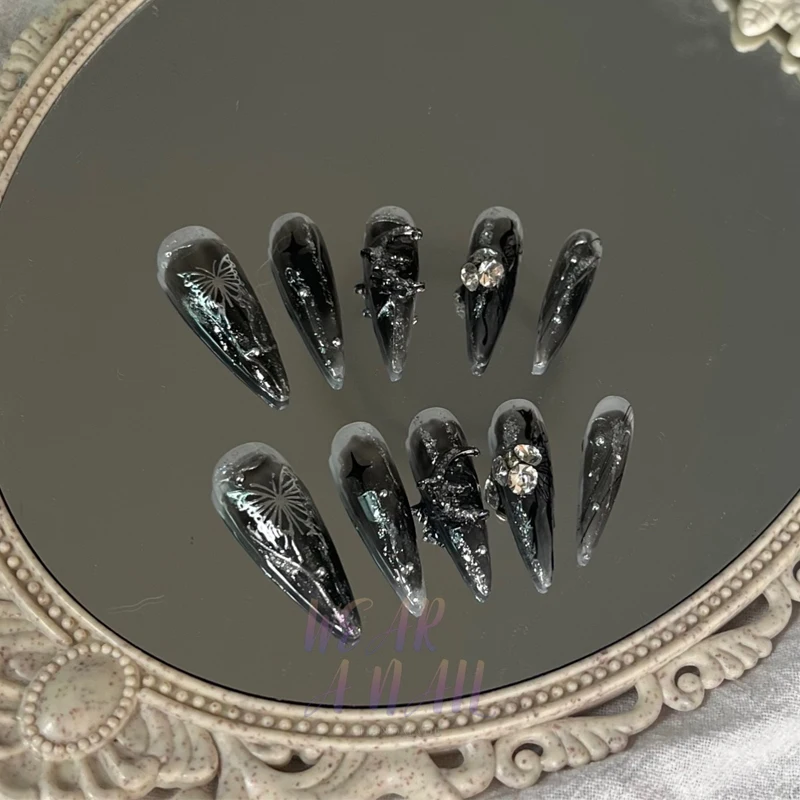 Handmade Punk Dark Long Stiletto Press on Nails Wearable Artificial With Art Designs Full Cover Manicuree  Rhinestone False Tips