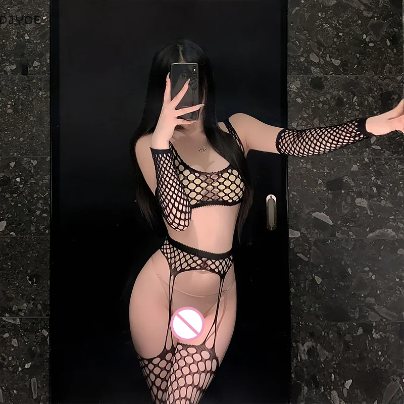 

Women's Stockings Transparent Temptation Mesh See Through Hollow Top+Garter Stockings +Sleeves Tight Lingerie 3pcs Set