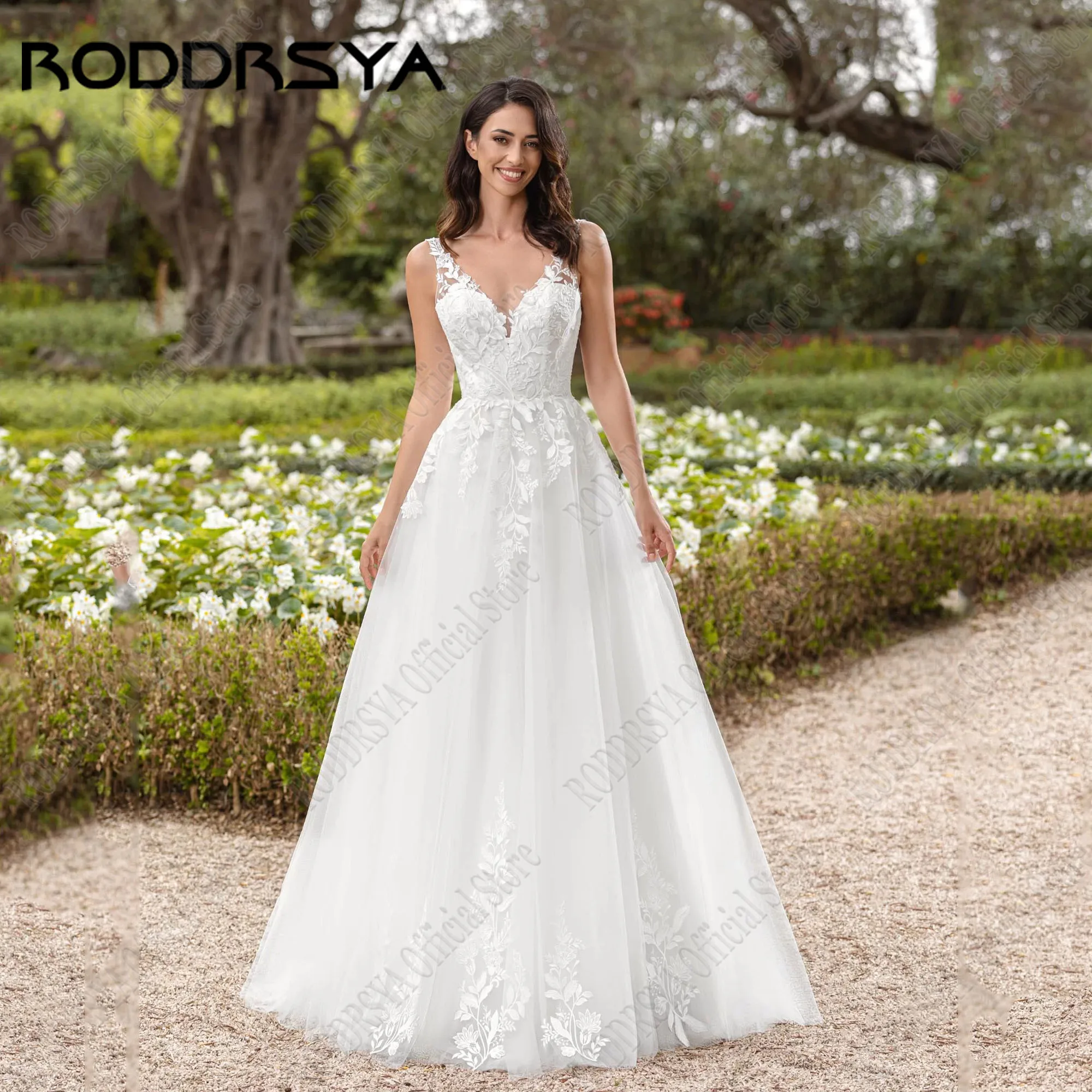 RODDRSYA abito da sposa civile senza schienale 2024 sposa scollo a v senza maniche in pizzo Applique Vestidos De Novia a-line Tulle Brial GownsRODRSYA Civil Backless Abito da sposa 2024 Bride V-Neck senza maniche in pi