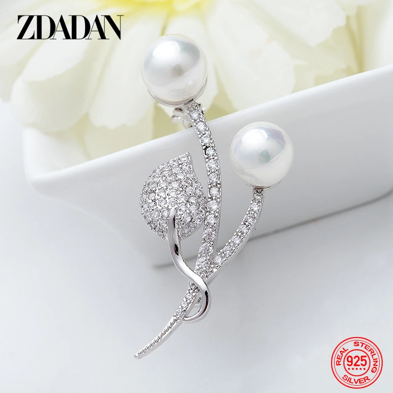 ZDADAN 925 Sterling Silver AAA Zircon Leaf Pearls Brooch For Women Fashion Wedding Jewelry Accessories