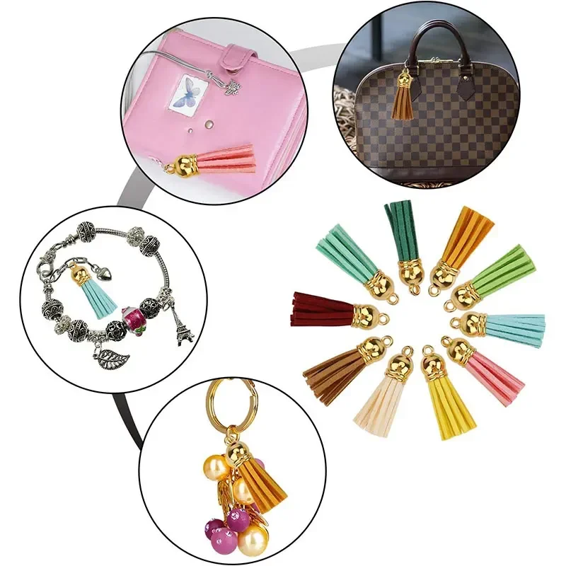 10-100 sztuk brelok do kluczy frędzle luzem skórzane frędzle do tworzenia biżuterii kolorowy zamszowy frędzel wisiorek brelok akcesoria Craft Making