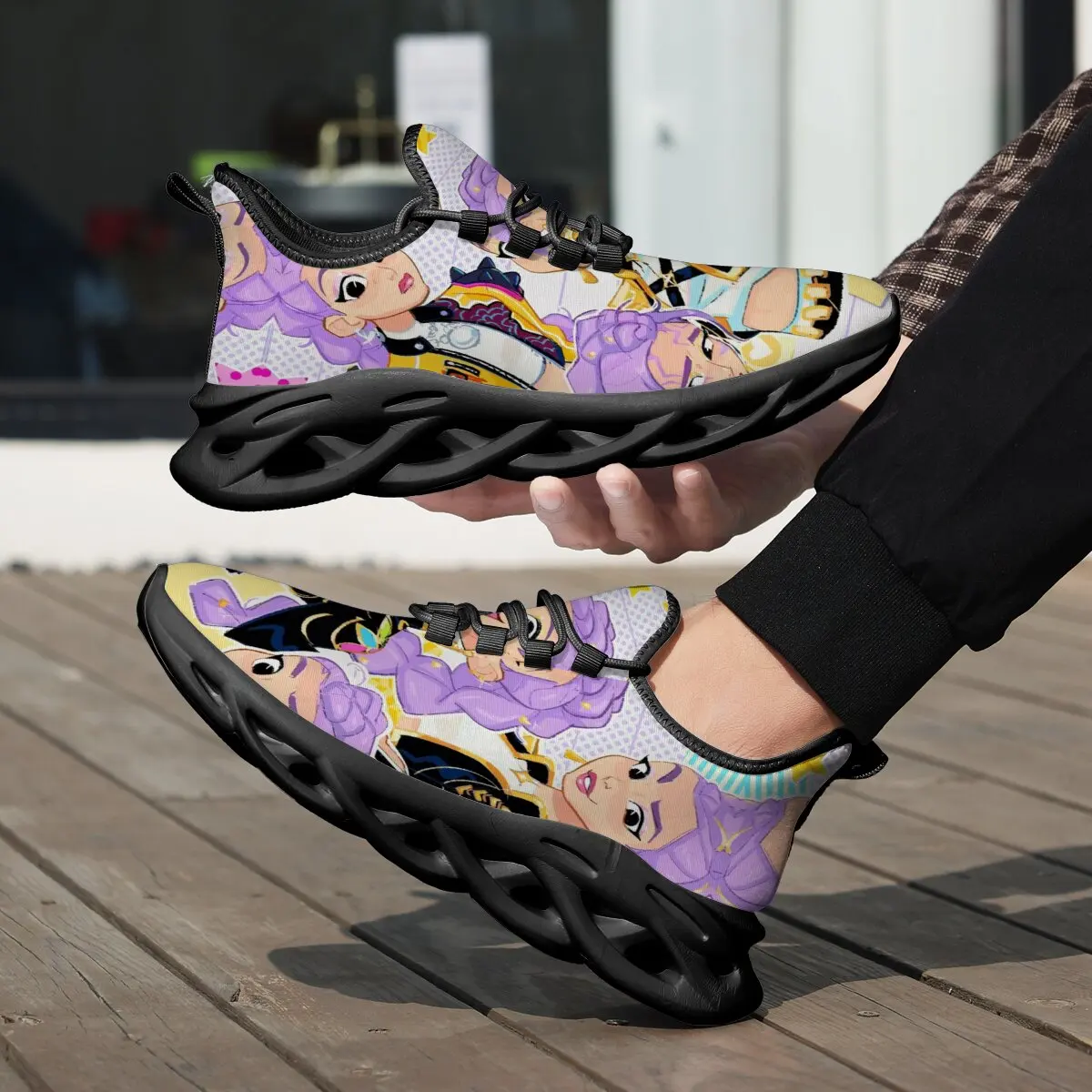 

Couple's Large-sized Flying Woven All-season Casual Sports Shoes Witch Hunter Team Virtual Character Pattern Lace-up Flat Shoes