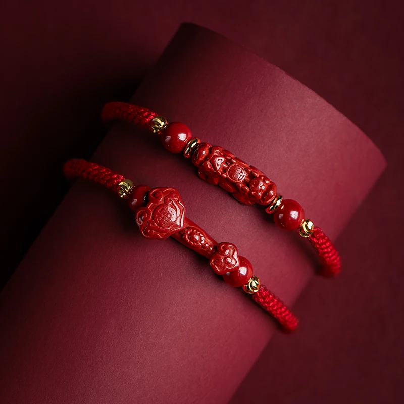 High Quality Natural Cinnabar Auspicious Ruyi Carving Hand Weave Lucky Red Rope Bracelets Buddha Cinnabar Charm Bracelet Bangle