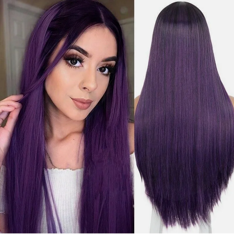 Long Straight Wigs Dark Purple Ombre Color 4X2 Lace Front Wigs Halloween Party