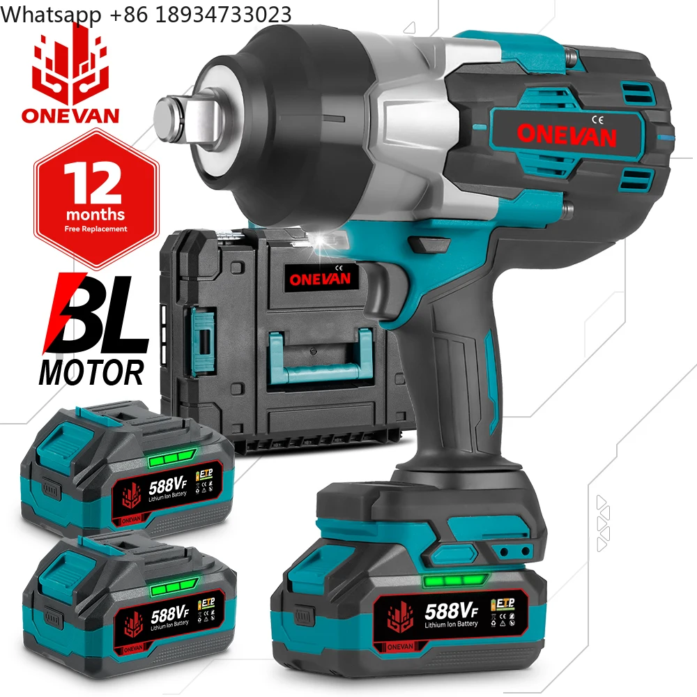 ONEVAN 1000W Electric Impact Wrench Cordless Brushless 3/4  2200 N.m Torque Power Wrench with Battery Pack