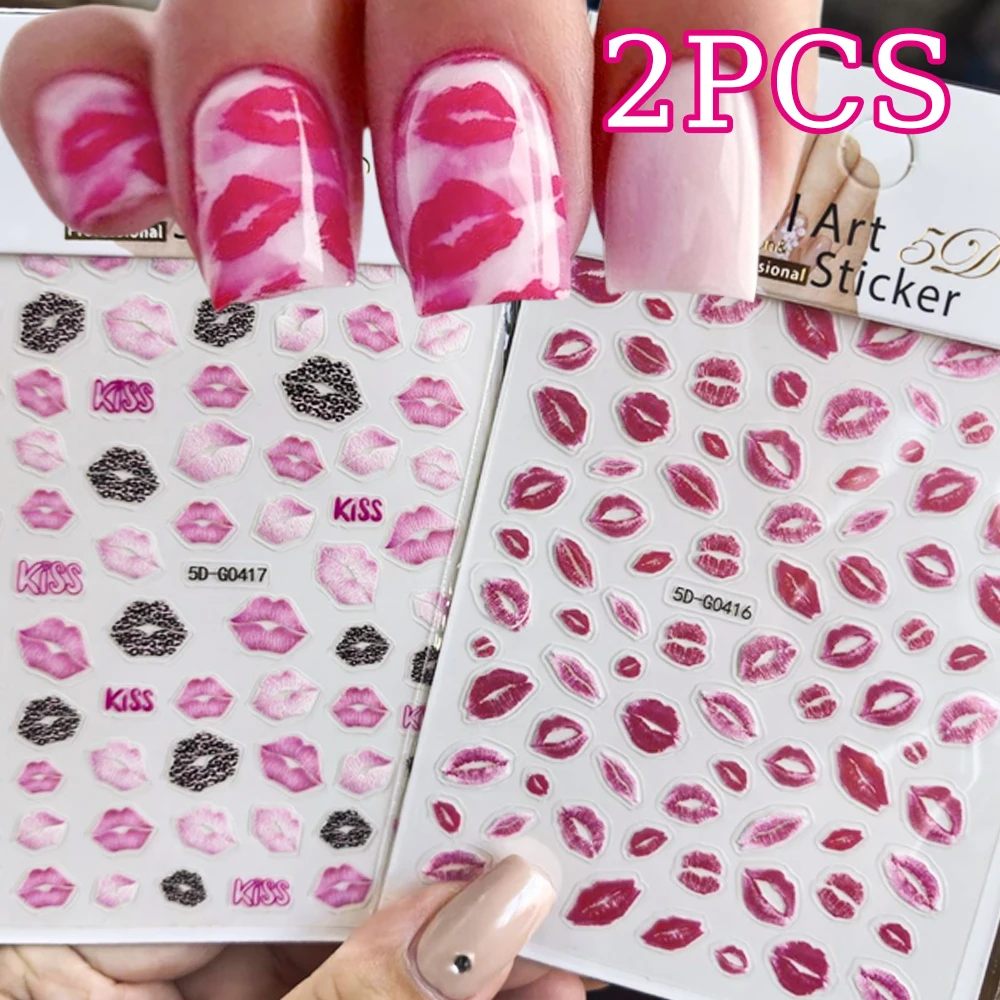 2 قطعة عيد الحب ثلاثية الأبعاد الشفاه الحمراء طباعة مسمار الفن ملصقات الوردي القبلات مسمار الشارات لاصق المنزلق عيد الحب مانيكير اكسسوارات #1