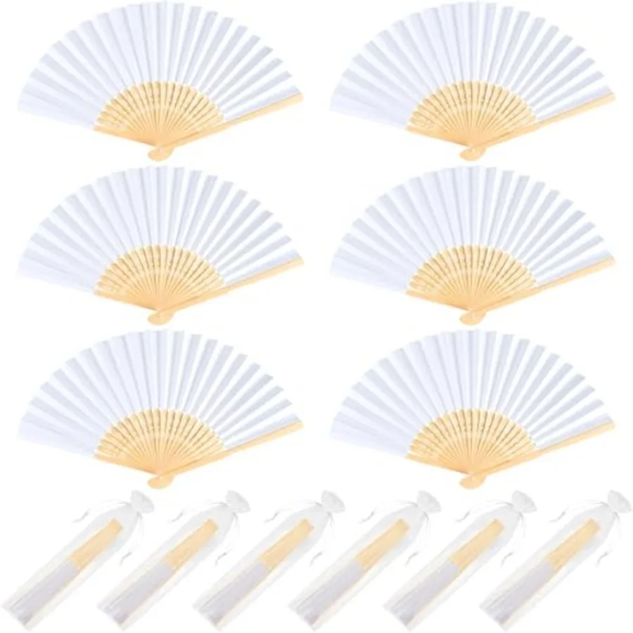 

6Pcs White Handheld Paper Fans 8.3 Inch Hand Held Bamboo Fans Foldable for Wedding Decoration Outdoor Party Favors DIY Decorati