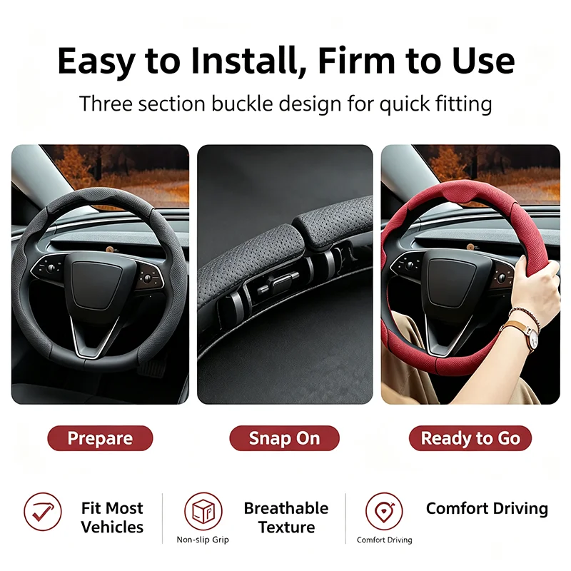 Premium Nappa Leather Steering Wheel Cover Anti-Slip Sweat-Absorbent Universal  Easy Install with Clip Design for Car SUV Truck