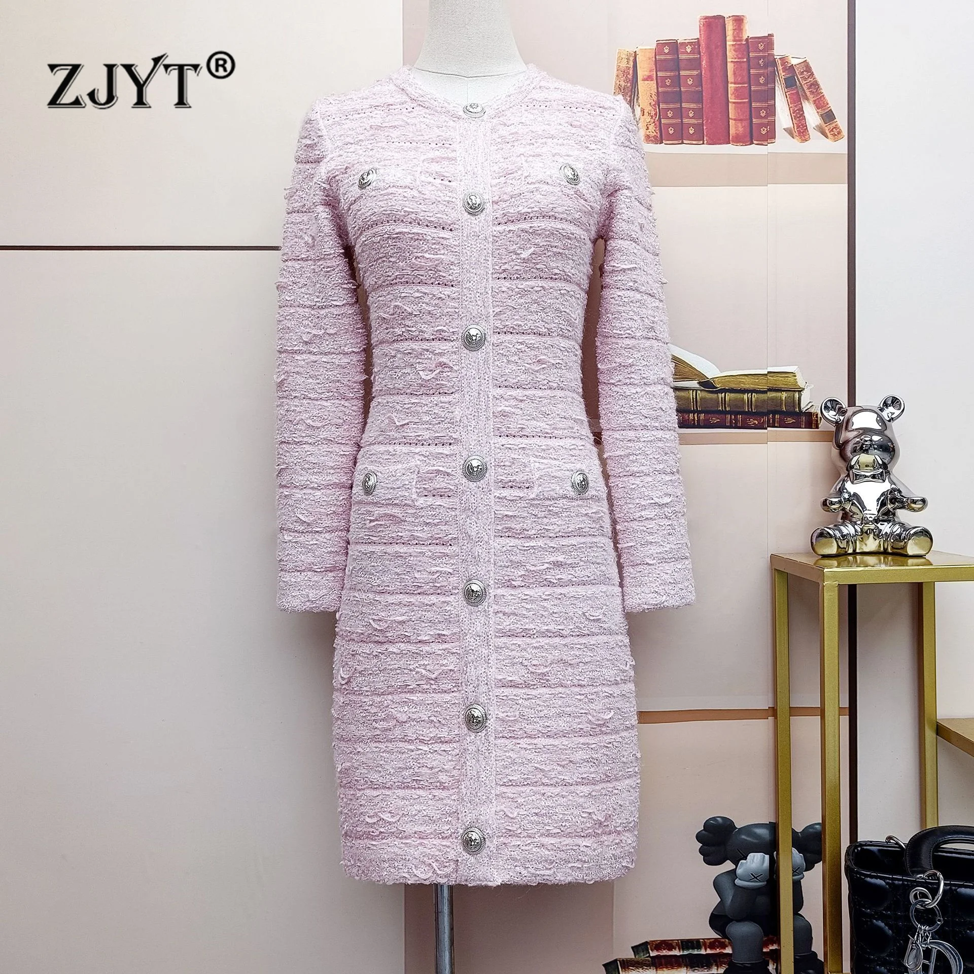 ZJYT Autumn Winter Women\'s Long Sleeve Thick Knitting Sweater Dresses Elegant Pink Short Party Dress Female Vestidos Casual Robe
