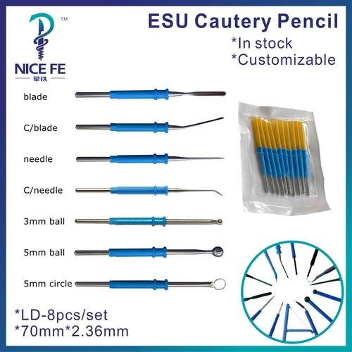 10 unids/pack al por mayor ESU lápiz cautería aguja electrodo de hoja electroquirúrgica 70mm * 2,36mm electrocoagulador electrocauterización
