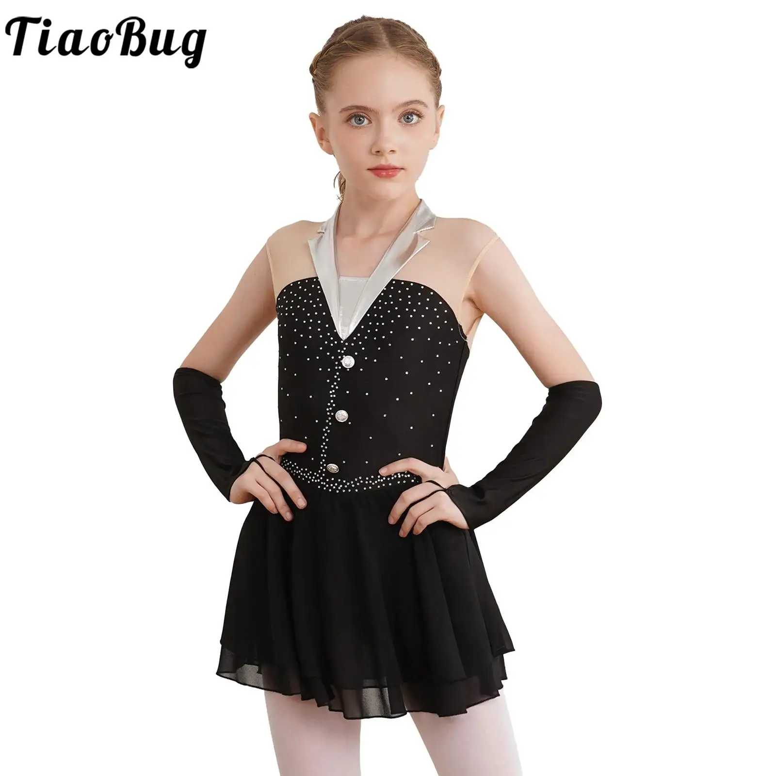 

Kids Girls Figure Skating Dress Latin Cha-cha Ballet Dance Gymnastics Performance Costume Sleeveless Rhinestone Tutu Leotards