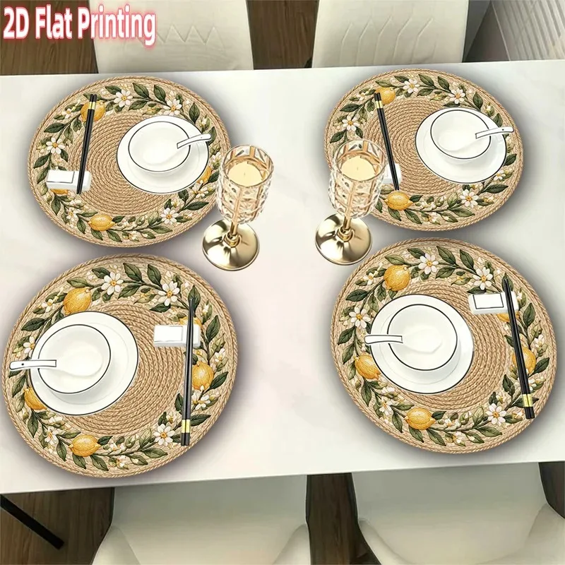 4-Piece 2D Printed Placemats - Imitation Rattan Lemon Flower Round - 15-Inch Polyester Tablecloth, Home Decoration, Festival Use view 5