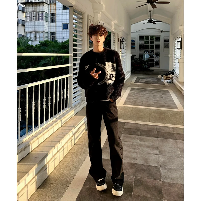 

Pure Bla Fce Lined Straight Leg Jeans Men's Autumn Winter High Street Elastic Tall Slimming Long Pants Youth Faion