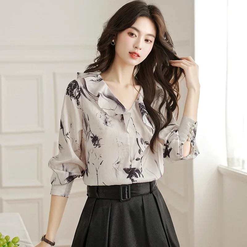 

Chiffon Vintage Women's Blouses Korean Shirts V-Neck Loose Spring/Summer Casual Clothing Printed Long Sleeve Ruffles Women Tops