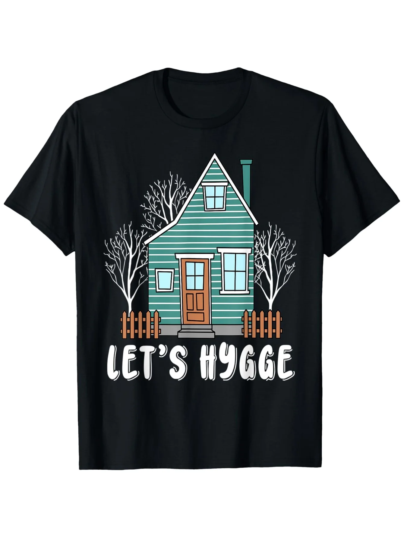 Camiseta Escandinava Hygge para Hombre 2026 - 100% Algodón 180gsm, Suave Estampado de Cabaña Dinamaricana de Invierno y Café Fika, Estilo Suéter Acogedor