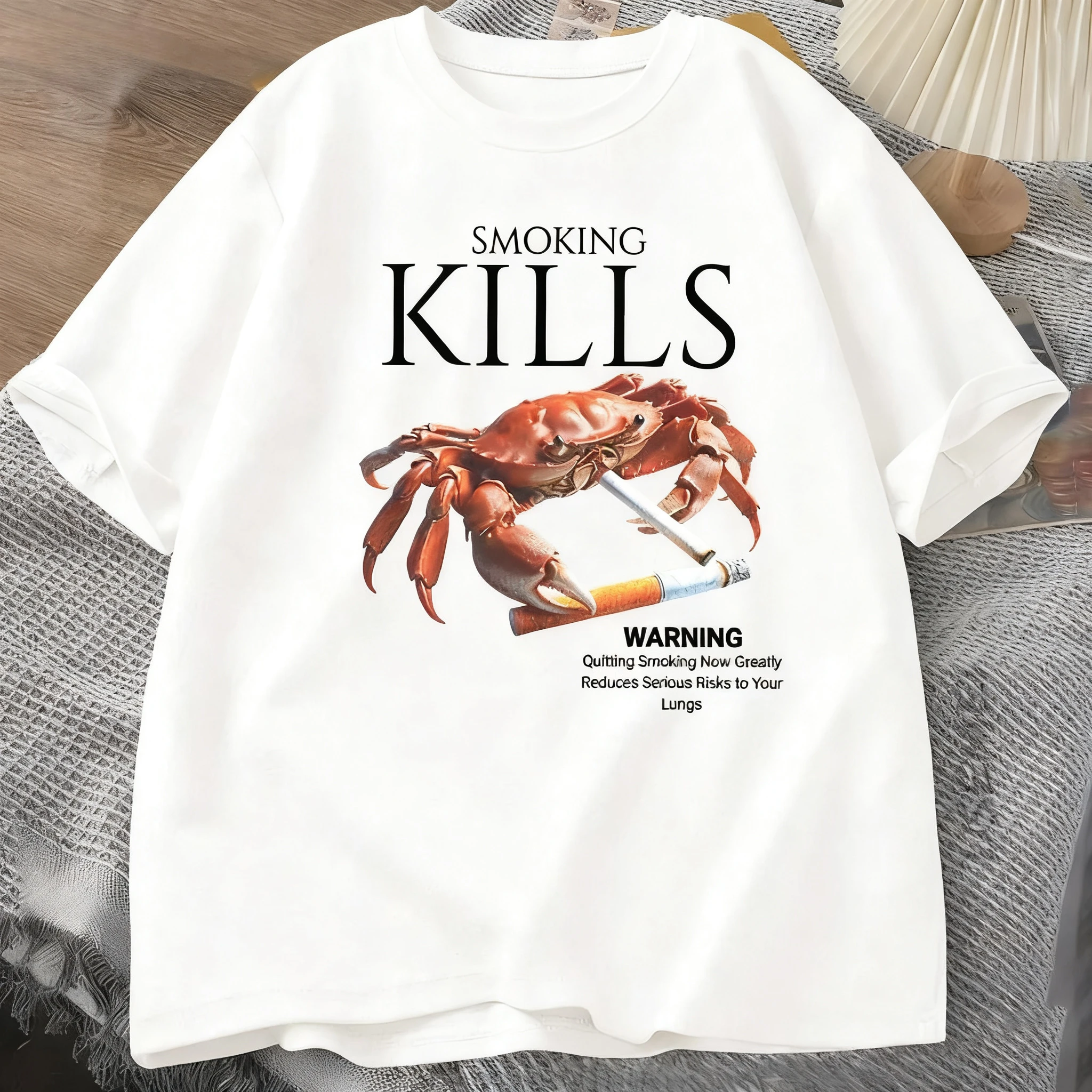 Smoking Kills Crab T Shirts Unhinged Weirdcore T-Shirt Weird Graphic Tee Harajuku Cotton Short Sleeve Tshirt Women Clothing
