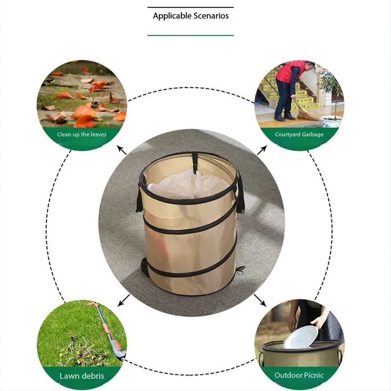 Image 7: Poubelle Pop-Up pour vêtements, sac de rangement d'épicerie adapté à l'extérieur, Camping Portable, jardin, seau à ordures pour feuilles de jardin
