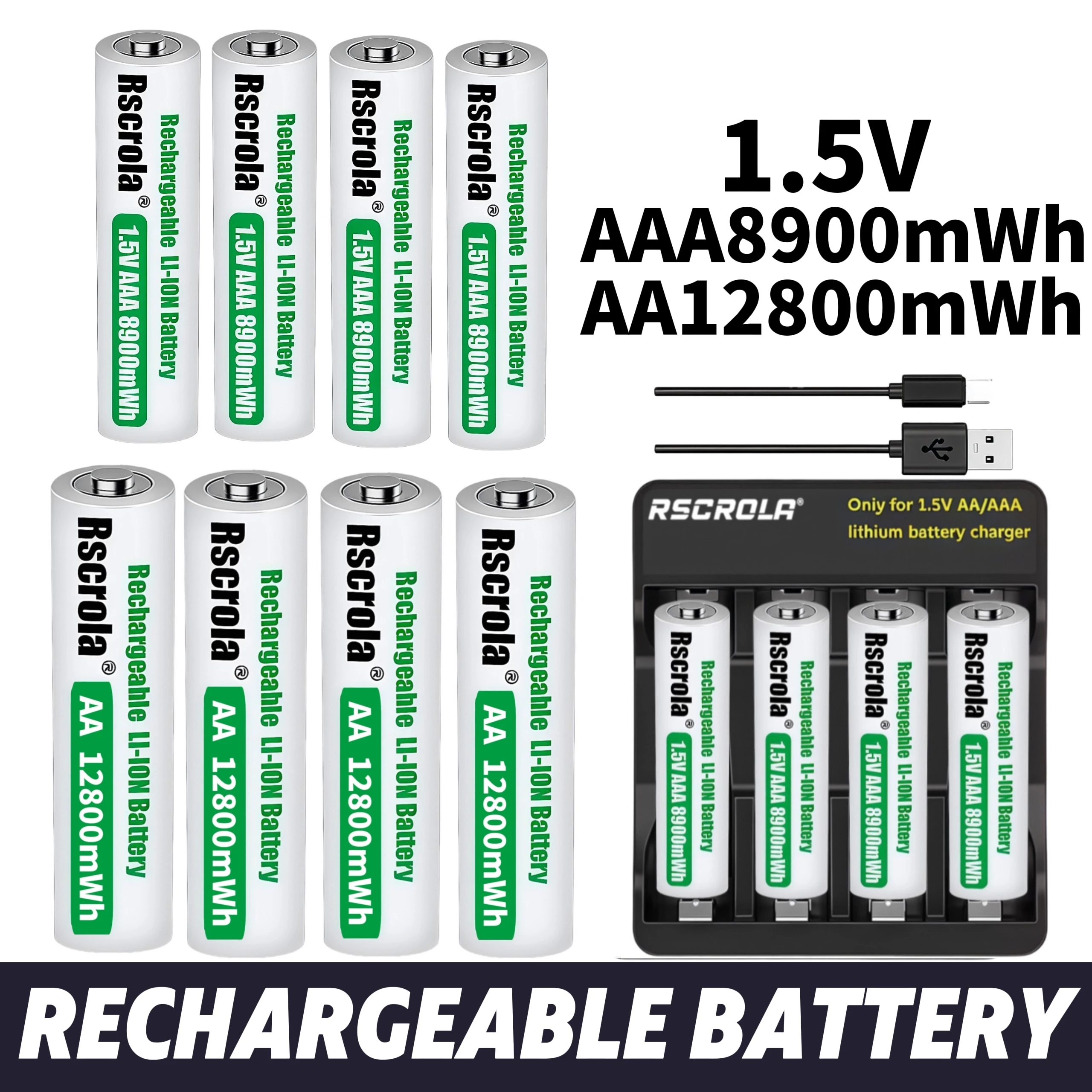 

Rscrola New High Capacity Rechargeable AA12800mWh&AAA 8900mWh Battery with Charger，For Solar Light, Keyboard, Remote Control