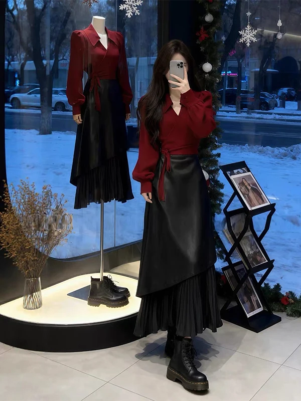 

Elegant plus Size Set for Women Spring New Red Long Sleeve PU Leather Top And Half Skirt Two Piece Set Commute Style Winter F...
