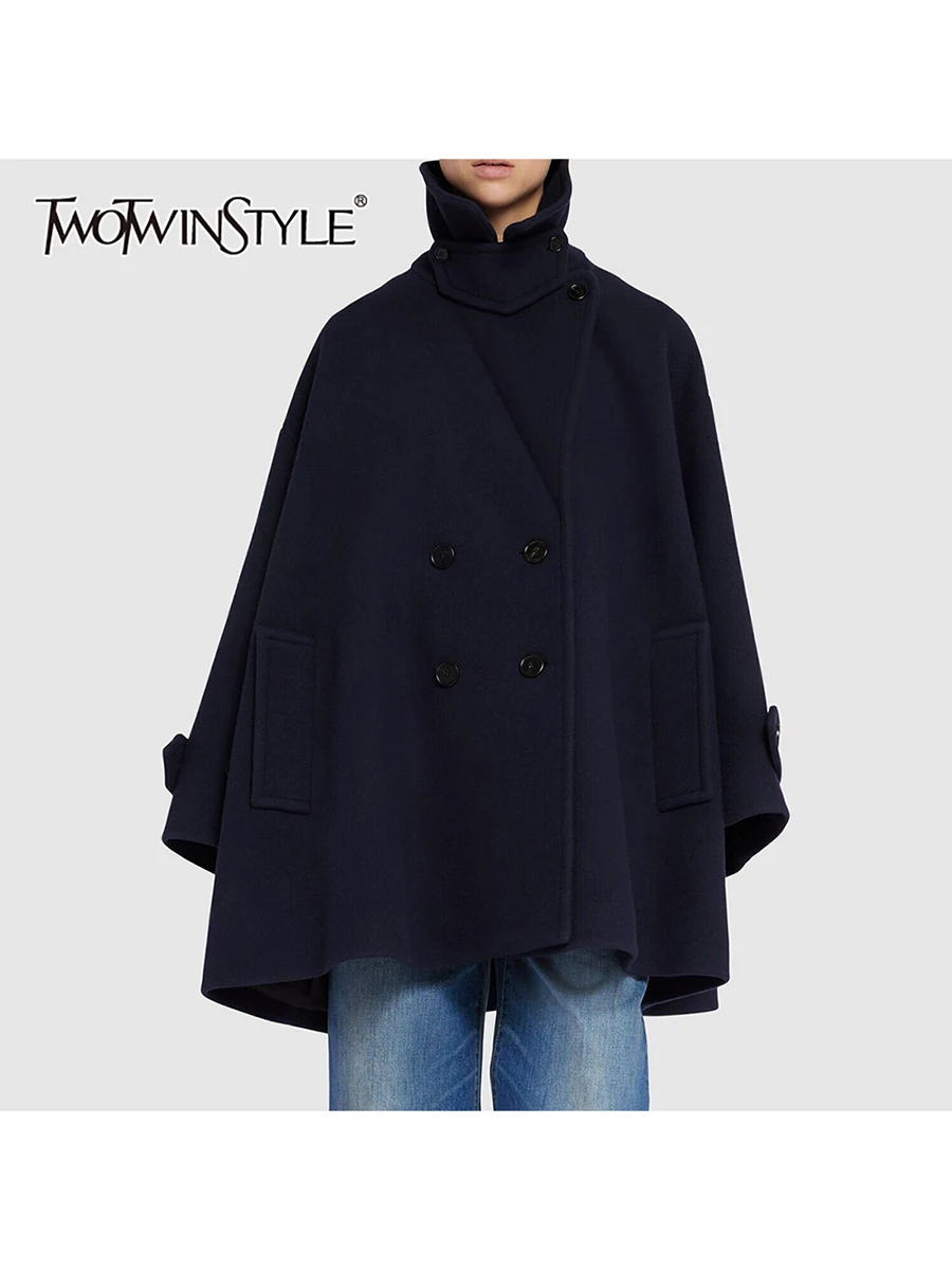 

TWOTWINSTYLE Solid Loose Spliced Double Breasted Basics Coats for Women Lapel Long Sleeves Patchwork Pockets Coat Female Fashion