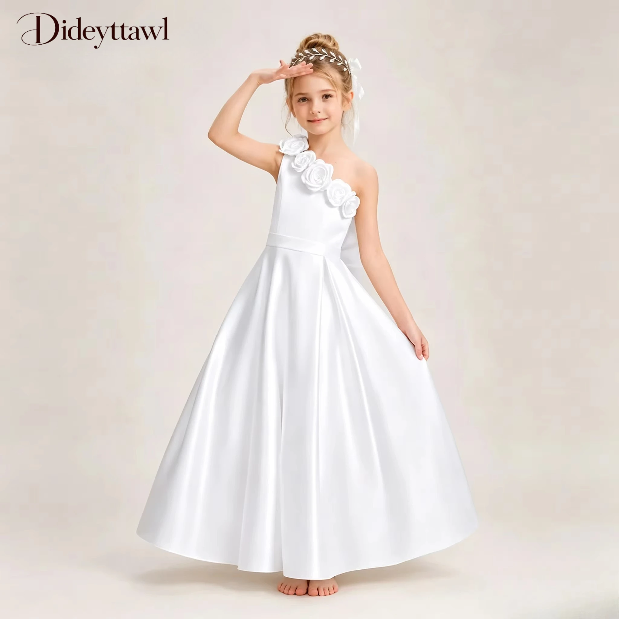 Kids White Satin Formal Dress Sleeveless 3D Rose Shoulder Design Long A Line Gown Big Bow Back For Girl Wedding Birthday Party