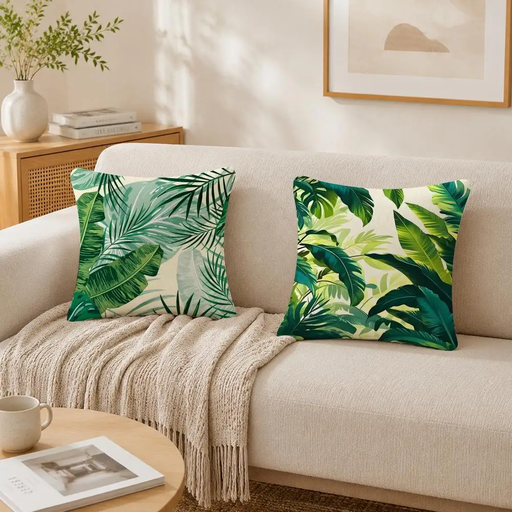 Green Palm Leaves Pillow Case Double-Sided Plush Sofa Cushion Covers Organic Breathable Invisible Zipper
