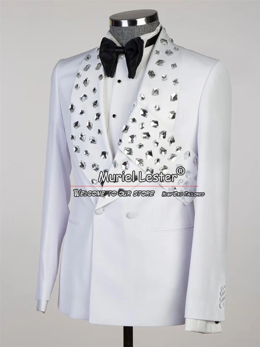 Italian Design White Suits Men Double Breasted Jacket Pants 2 Pieces Groom Wedding Tuxedos Bespoke Crystals Beading Prom Blazers